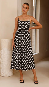 Roma Midi Dress - Black/ White Polka Dot