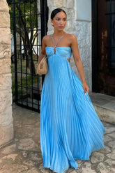 Sky Blue Halter Pleated Satin A Line Prom Dresses With Cutout