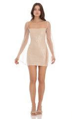 Tulle Sequin Flare Sleeve Dress in Champagne
